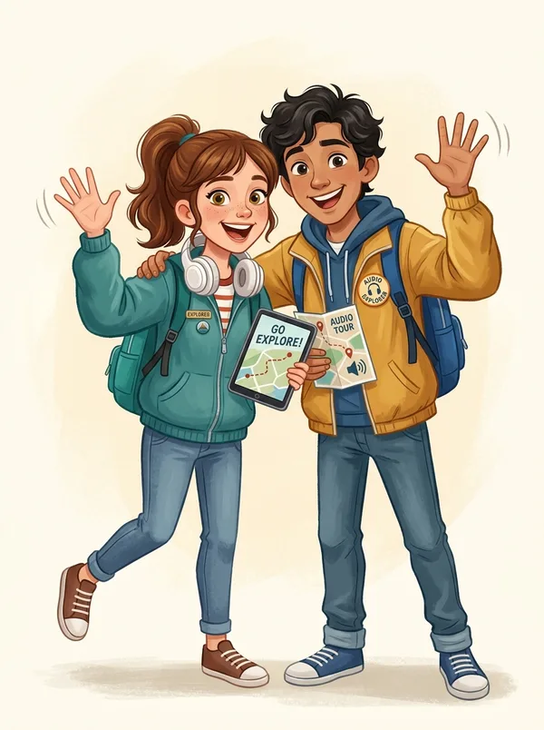 Sophie and Leo, the friendly Hello Tour Guide co-pilots, waving hello